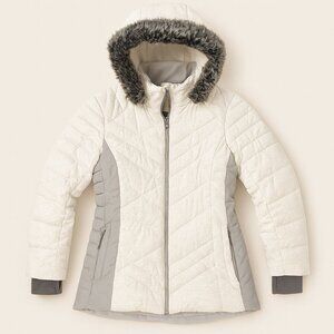 ZeroXposur Women’s Quilted Winter Jacket Coat L Black Label Faux Fur Hood White